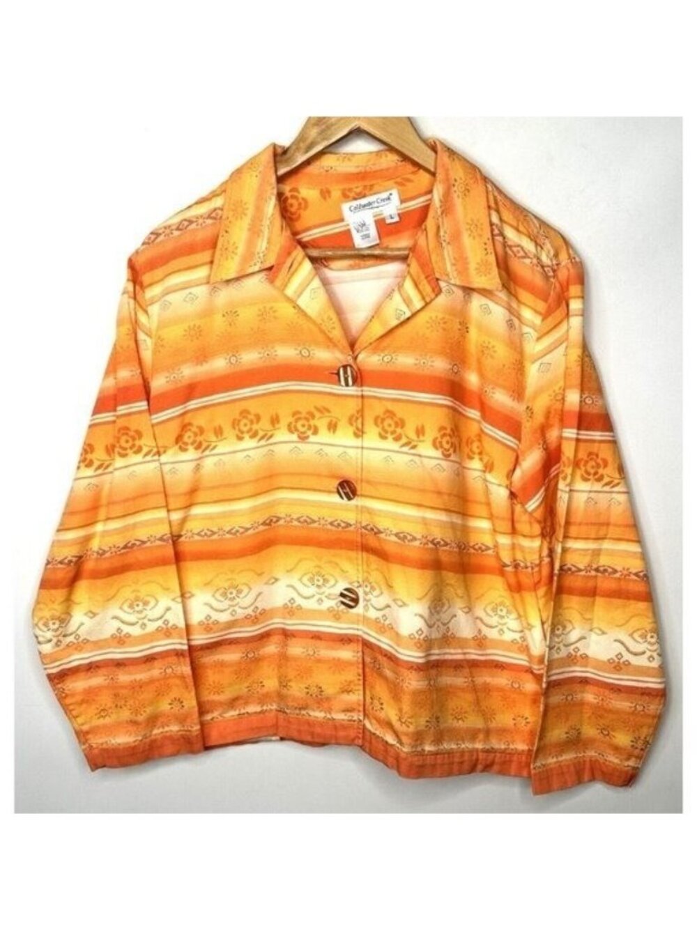 Coldwater Creek Shirt Jacket Womens L Orange Striped Floral Cotton Boho Artsy